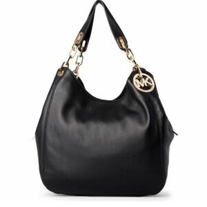 Michael Kors black leather Fulton Large Logo Shoulder Bag